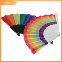 LIXIA 12Pcs สีสันสดใส พัดสายรุ้งพับได้ อุปกรณ์เสริมความภาคภูมิใจ สายรุ้งแนวนอน พัดมือสายรุ้ง มีประสิทธิภาพดี พลาสติกทำจากพลาสติก พัดลมแบบมือถือ ปาร์ตี้สีรุ้ง