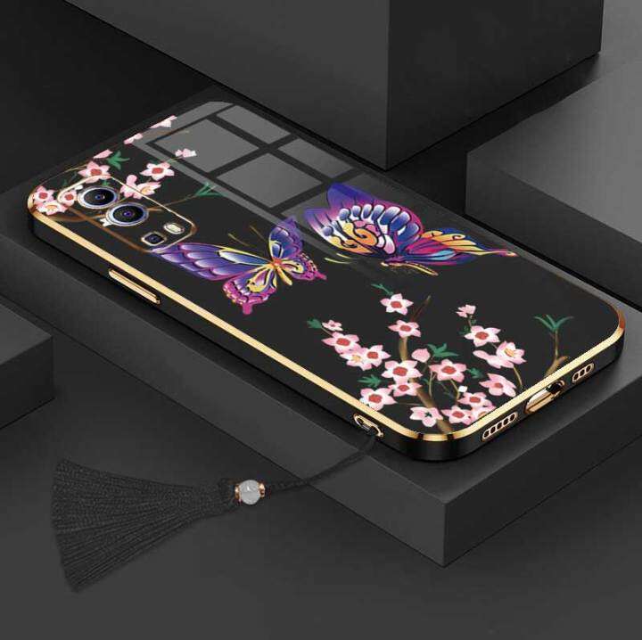 เคสสำหรับ-vivo-y72-5g-iq00-z3ผีเสื้อที่สวยงามหรูหราพร้อมกล้องดอกไม้เคสโทรศัพท์ขอบชุบเคสซิลิโคนนิ่มพร้อมฟรีสายคล้อง