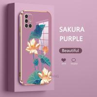 เคสด้านหลังดอกบัวหลากสีดีไซน์ใหม่เคสโทรศัพท์ A31 A51ปลอกสำหรับ Samsung Galaxy เคสนิ่มเคลือบอิเล็คโทรเพลทกล่องกันกระแทก TPU แบบซิลิโคนพร้อมฟรีสายคล้อง