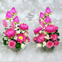ชุดคู่ ดอกบัวไหว้พระ งาน ดอกไม้ประดิษฐ์  ดอกไม้ไหว้พระ ดอกไม้ถวาย บูชาพระ  ดอกบัวประดิษฐ์ ดอกไม้ดินปั้น จากดินไทย สูง 12 นิ้ว