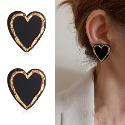 Enamel Heart Stud Earrings for Women Black Color Love Couple Gifts Trendy Korean Simple Cute Romantic Jewelry Accessories Ear