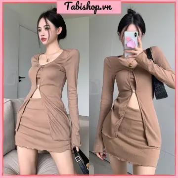 Đầm nhung bút chì nâu tây hoa 3D cổ