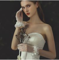 ∈ Womens White Satin / Tulle Wrist Bride Wedding Gloves Short Ruffles Edge Full Finger Wrist Bridal Gloves for Proms de novia