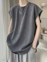 Mens summer trendy suede sleeveless t-shirt mens summer trendy loose basketball American-style vest with cut-off sleeves sports large size solid color vest