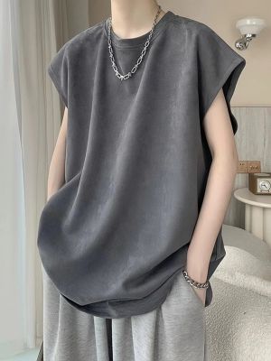 original Mens summer trendy suede sleeveless t-shirt mens summer trendy loose basketball American-style vest with cut-off sleeves sports large size solid color vest