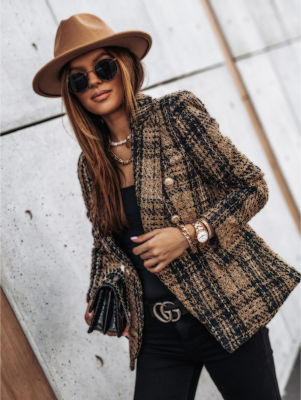 New Thin Suit Ladies Long-sleeved Blazer Casual Double-breasted Check Blazer Slim Fit Office Lady Elegant Chic Jacket StreetCoat