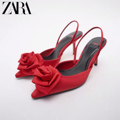 TOP☆【high quality】original ZaraˉSummer new womens shoes Red flower decoration slingback high heels