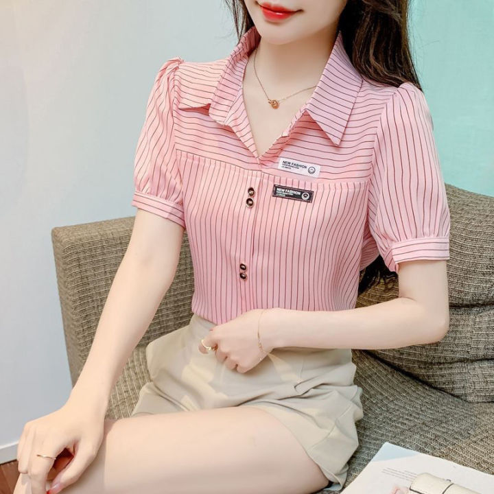 เสื้อแฟชั่นเสื้อสวมศีรษะลายทางแนวเกาหลีของผู้หญิงงานออฟฟิศใหม่2023เสื้อเสื้อนอกเสื้อโปโลลำลองใหม่