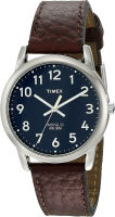 Timex Mens Easy Reader Leather Strap Watch Dark Brown/Silver-Tone/Blue