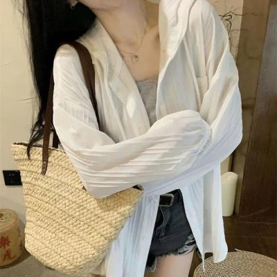 [Spot] womens long-sleeved sunscreen shirt summer new casual all-matching hooded air conditioning shirt jacket 2023