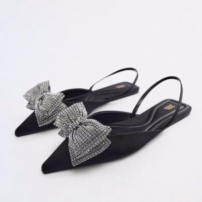 2023 Spring New French Single Shoe Black zaˉraˉRhinestone Bow Decor Heel Flat Sandals Muller Shoes Pointed Shoes