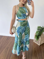 Tropical Print Spaghetti Strap Cami Tops &amp; Maxi Skirts Set Summer Casual Women Two Piece Set