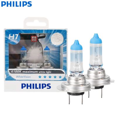 Philips ขาว H7 12V 55W 4100K ไฟสีขาว + 40% สว่างไฟหน้ารถ12972WHVS2หลอดฮาโลเจนหลอดไฟอัตโนมัติของแท้คู่