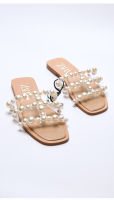 20212021 European and American Summer New Womens Shoes White Beaded Inlaid and Square Head With Flat Bottom Large Size Slippers