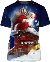 Mens 3D Christmas Santa Claus is Coming to Everyone and Ho Ho Ho Laughter T Shirt Santa Climbing Down Chimney Tee