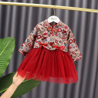 Chinese Cheongsam For Girls Kids Bow Floral Print Vintage Hanfu New Year Christmas Outfit Tang Suit Red Gauzy Dress Winter