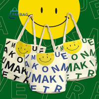 Am Bag กระเป๋า​ผ้าแคนวาสแฟชั่นสุดฮิต พิมพ์ลาย smiley กระเป๋าผ้าแฟชั่น สไตล์เกาหลี กระเป๋าสะพายไหล่ ใบใหญ่ ? ไม่มีซิป ?