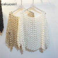 Cakucool ผู้หญิงหรูหรามุกประดับด้วยลูกปัดเสื้อทอง Lurex ลูกไม้กลวงออกน่ารักเสื้อแขนลุกเป็นไฟที่สง่างาม Blus เสื้อสวมหัว F Emme9644