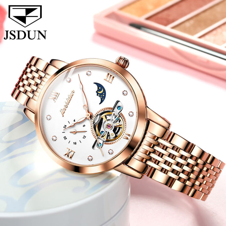 jsdun-ผู้หญิงนาฬิกาหรูอัตโนมัติเดิม-2023-ขายกันน้ำจำนำ-tourbillon-หน้าปัดดวงอาทิตย์ดวงจันทร์ดาวกุหลาบทองนาฬิกา