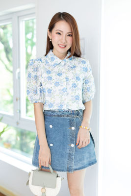 Narinari : NT2416 Floral Puff Sleeve Perforated Shirt – White