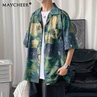 MAYCHEER  แขนสั้นภาพวาดสีน้ำมันชายเสื้อสีเขียวหลวมแขนสั้นขี้เกียจ