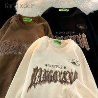 Gmiixder แจ็กเก็ตแขนยาวสำหรับคู่รักเสื้อสเวตเตอร์คอกลมแนวสตรีทสีน้ำตาลตัวอักษรสไตล์โกธิคแบบอเมริกันพังค์