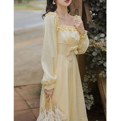 French Vintage Midi Dress for Women Party 2021 Autumn Long Sleeve Lolita Sweet Dress Korea Fashion Bow Design Pure Color Dreess