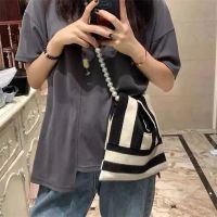 New Wide Striped Handmade Knitted Handbag Pearl Chain Korean Women Mini Knot Wrist Bag Tote Bag Student Shoulder Crossbody Bags