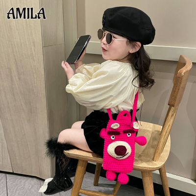 AMILA กุหลาบน่ารักเด็กหมีสีแดง Messenger โทรศัพท์มือถือเส้นด้ายถักกระเป๋าสำเร็จรูป