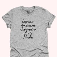 การออกแบบเดิมเสื้อยืดลาย Espresso Americano Cappuccino Latte Mocha เสื้อชื่อกาแฟ มีหลายสี ไซส์ S - 2XL เสื้อยืดคอกลม แขนสั้นS-5XL