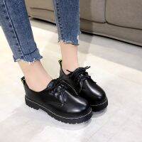 Womens Flat Shoes Korean R Round Toe Solid Color Lace-up Thick-heeled Oxford Shoes