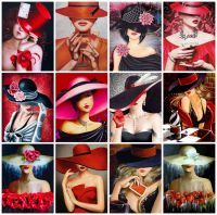 AZQSD Diamond Embroidery Woman In Red Hat Mosaic Rhinestones Painting Portrait Girl Cross Stitch Kits Handmade Home Decor Gift