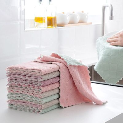 5Pcs 25x25cm Double-Sided Absorbent Kitchen Dish Cloth Non-Stick Oil Wipes Scouring Pad Coral Fleece Hand Towel