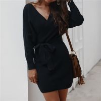 Hot Selling 2022 Women Long Sleeve Sweater Dress Womens  Casual Autumn Winter Dress Women V-Neck A Line Short Mini Vestidos Dresses