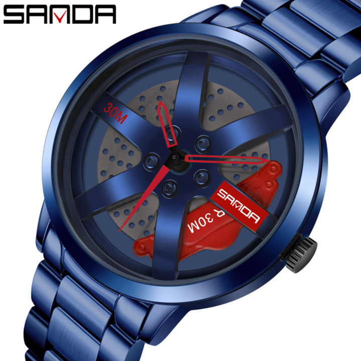 sanda-ขายรถร้อน-dial-หมุนศูนย์กลางล้อนาฬิกาผู้ชาย-super-ขอบล้อรถ-hub-นาฬิกาผู้ชายสแตนเลสนาฬิกากันน้ำสำหรับรถยนต์
