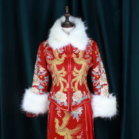 ชุดสูทสามชิ้นสีขาว Xiuhe cheongsam สำหรับขนกระต่ายเทียม