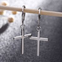 [Han ornaments] Hypoallergenic Sterling Cross บานพับเจาะ Huggie Hoop ต่างหูยาว Dangle Minimalist เครื่องประดับ Unisex