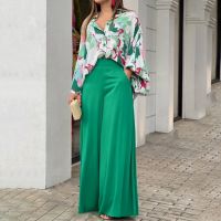 【DT】hot！ Womens Printed Shirt Wide Leg Pants Fashion Set Breasted Sleeve 2PC