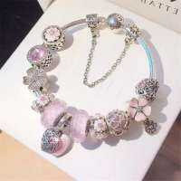 *HOT ； สนธิสัญญาสต็อกS925 Original Pandora braceletผู้หญิง925สร้อยข้อมือเงินMagnolia CharmกระจกสีชมพูLoveจี้กระดูกงูสร้อยข้อมือวันเกิดของขวัญชุดของขวัญสำหรับผู้