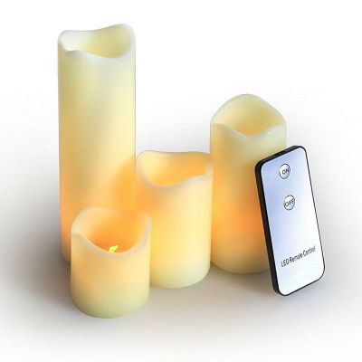 Set of 4 Remote Controlled wavy edge Flameless LED Pillar Candle(6 quot;4 quot;3 quot;2 quot;) Paraffin wax Ivory tealight Wedding Party decor-Amber