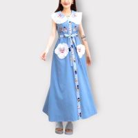 P008-005 PIMNADACLOSET - Sleeveles V Collar Embroidery Denim Loose Midi Dress