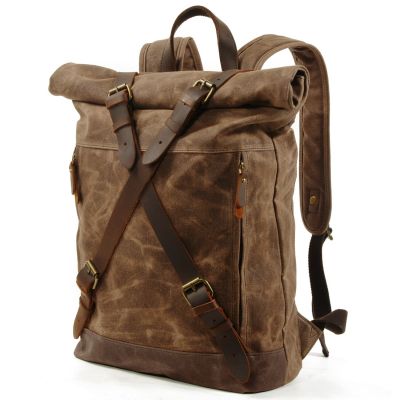 TOP☆Mens waterproof wax canvas hiking backpack outdoor travel bag anti-theft computer backpack retro rolled backpack