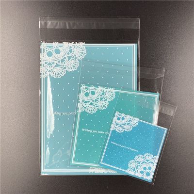 100pcs 3 sizes Blue Lace Plastic Self Adhesive Cookie Packaging Bag Wedding Candy Gift Decoration Bags