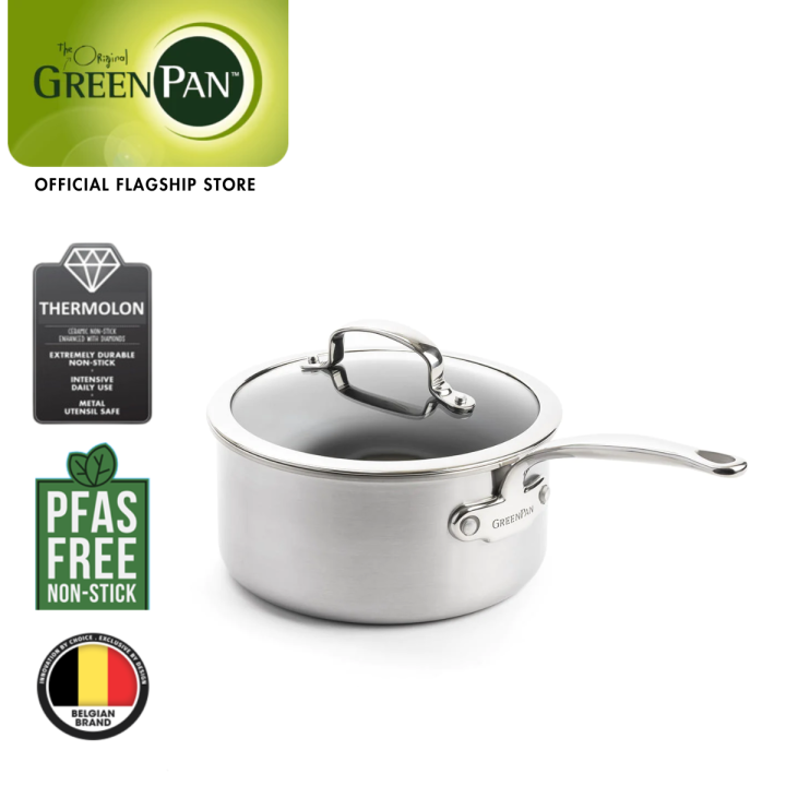 GreenPan Premiere 20cm SaucePan with Lid, Stainless Steel [PFAS FREE