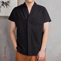 、’】【= 2023 Spring Summer Mens Chinese Style V-Neck Linen Shirt Casual Loose Buckle Mens T-Shirt Mens Clothing M-4XL