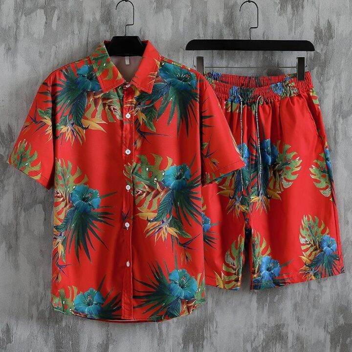 ชุดสูทฤดูร้อนของผู้ชาย-pdd8-14วันหยุดฮาวายเสื้อเชิ๊ตลายดอกไม้หลวมดอกไม้ห้าจุดกางเกงชายหาดคู่รักชุดลำลองของผู้ชาย