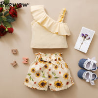 Prowow Summer Toddler Girls Clothes Outfits Set Ruffles One Shoulder T-shirts Bowknot Printed Pants 2pcs Children Clothing Suit