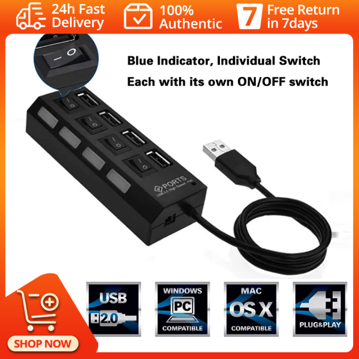  Multi Port Splitter, 7 Port USB 2.0 Hub, USB A Port Data Hub  with Independent On/Off Switch and LED Indicators, Lights for Laptop, PC,  Computer, Mobile HDD, Flash Drive and More (