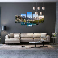 Wall Art Decor โปสเตอร์ภาพวาดบนผ้าใบพิมพ์ภาพ5ชิ้นแคนาดา Rocky Mountains และ Lake Landscape สำหรับตกแต่งบ้าน