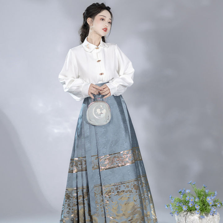 ราชวงศ์หมิง-hanfu-ชุดกระโปรงหน้าม้าหญิงชีวิตประจำวันจากเครื่องบินที่ได้รับการปรับปรุงใหม่แขนเสื้อกระโปรงหน้าม้าจีน